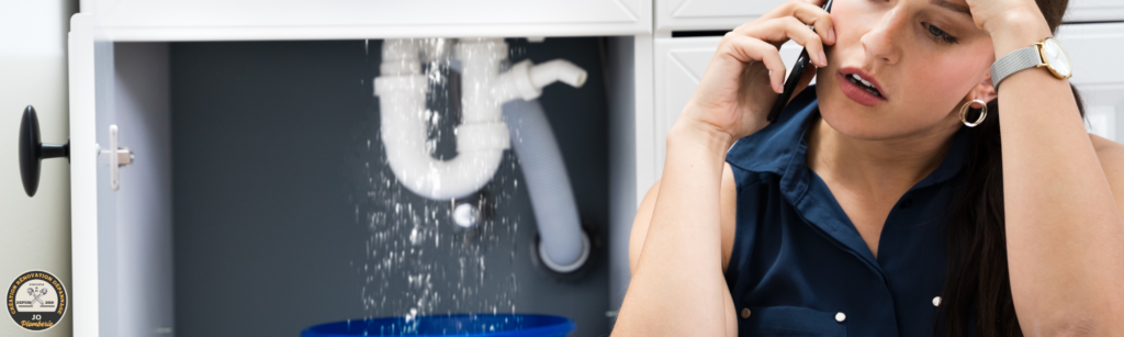 une fuite d'eau sous un robinet et une dame qui téléphone à un plombier