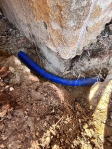 Le tuyau écrasé entre la fondation et la racine de cyprès, mis à nu après terrassement."